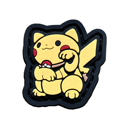 Pikachu in the neko (lucky cat) pose. Wearing a poke ball necklace and smiling.