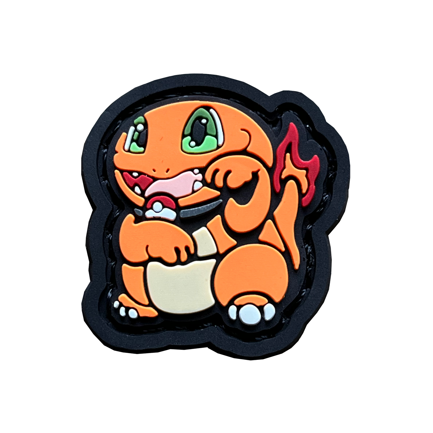 Charmander in the neko (lucky cat) pose. Wearing a poke ball necklace and smiling.