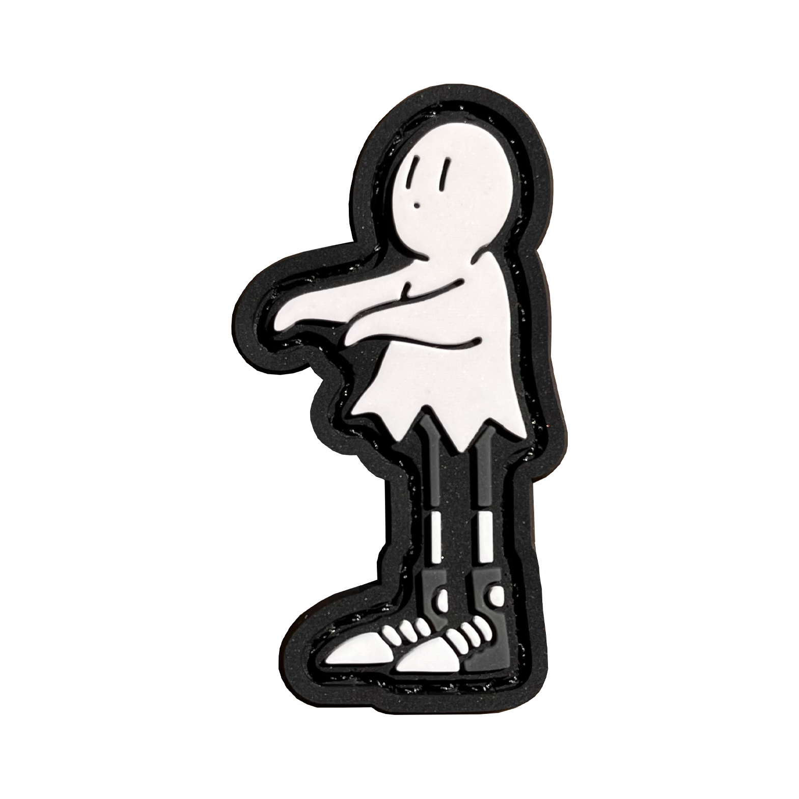 A playful cartoon character wearing high-top shoes, draping a white sheet over their head like a ghost costume, extending their arms outward, and gazing to the left.