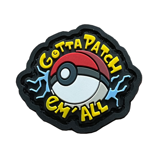 A pokeball with blue lightning behind it. Gotta patch em all written around the ball in yellow lettering.