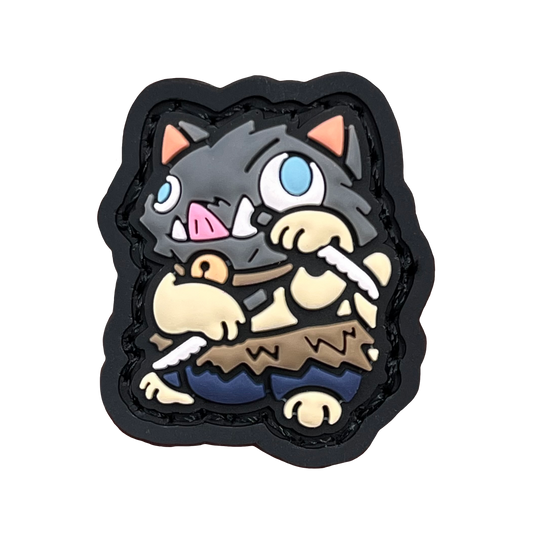 a small patch depicting inosuke of demon slayer in a lucky cat (neko) pose for good fortune.