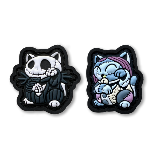 2 patches depicting jack skellington and sally in the lucky cat neko pose.