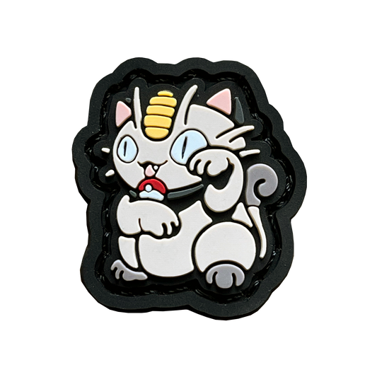 Meowth in the neko (lucky cat) pose. Wearing a poke ball necklace and smiling.