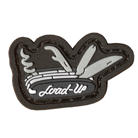 A grayscale patch resembling a swiss army knife multitool; a screw, pry bar, and knife stick up. the word 'Load-Up' is written on the knife.