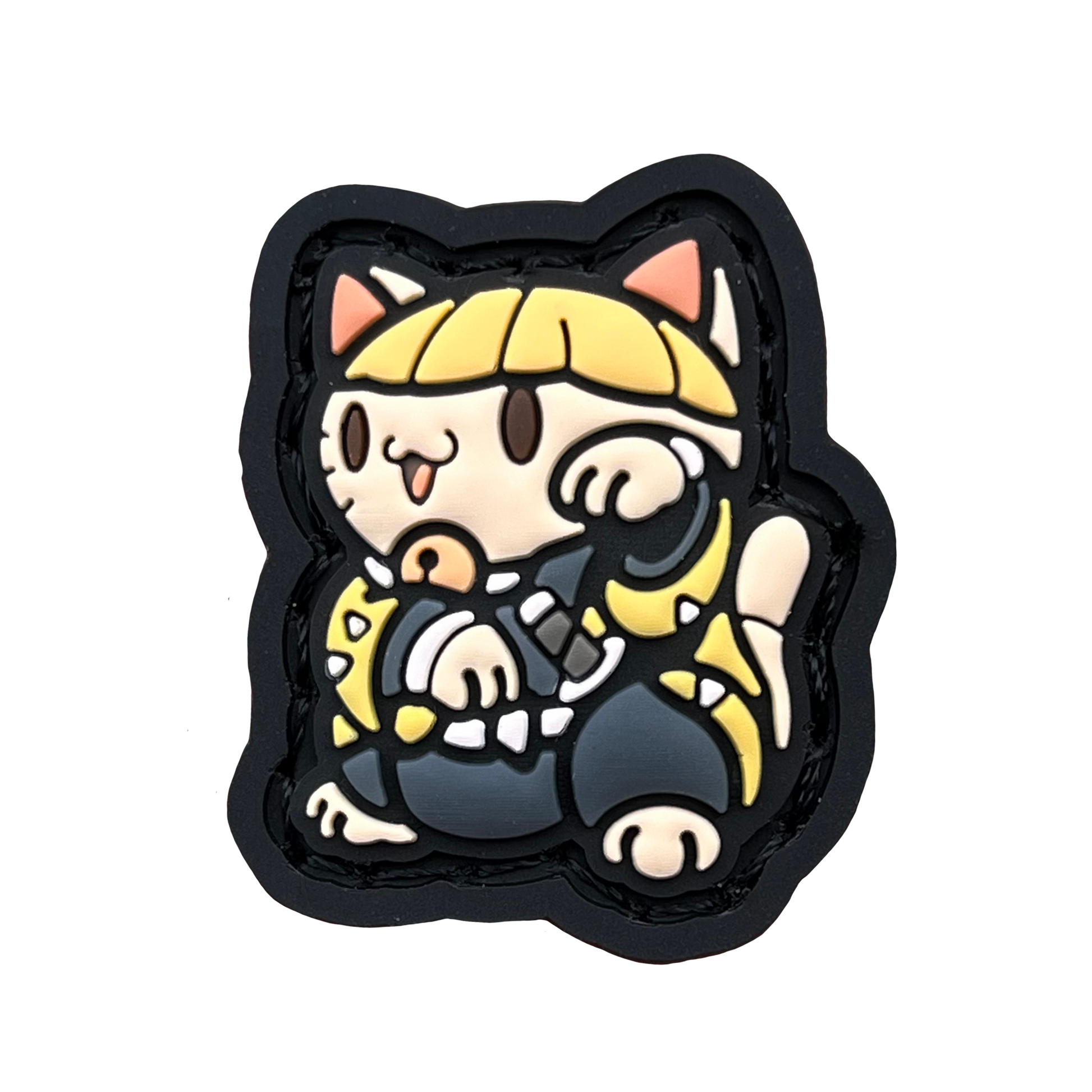 a small patch depicting zenitsu of demon slayer in a lucky cat (neko) pose for good fortune.